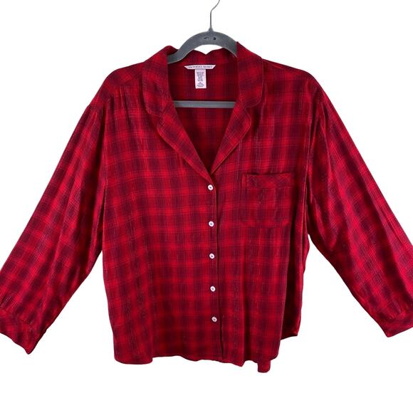 Victoria's Secret Red Plaid Flannel Long Sleeve Collared V-Neck Button Up Size M - Picture 1 of 6